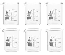 Load image into Gallery viewer, Set of six clear 800 millilitre glass beakers with white measurement markings