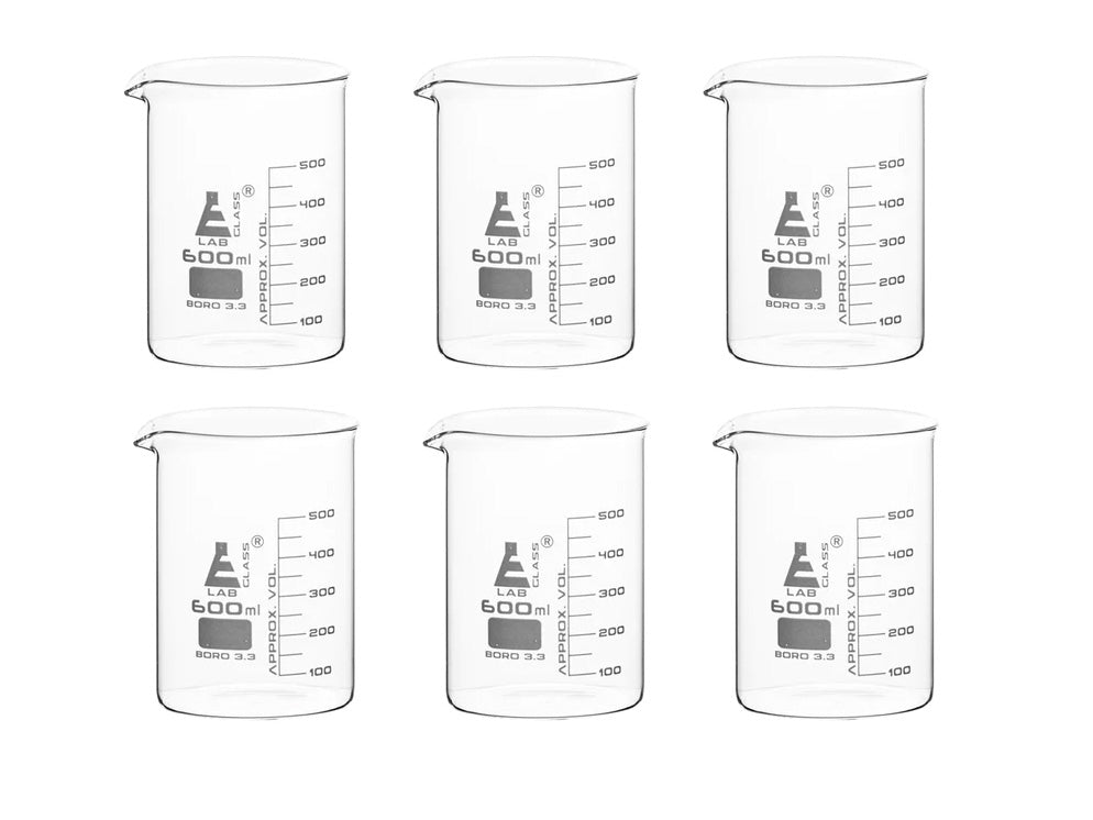 BEAKER - LOW FORM - BOROSILICATE GLASS - 600ML (PACK OF 6)