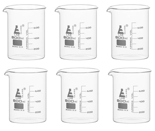Set of six clear 800 millilitre glass beakers with  white measurement markings