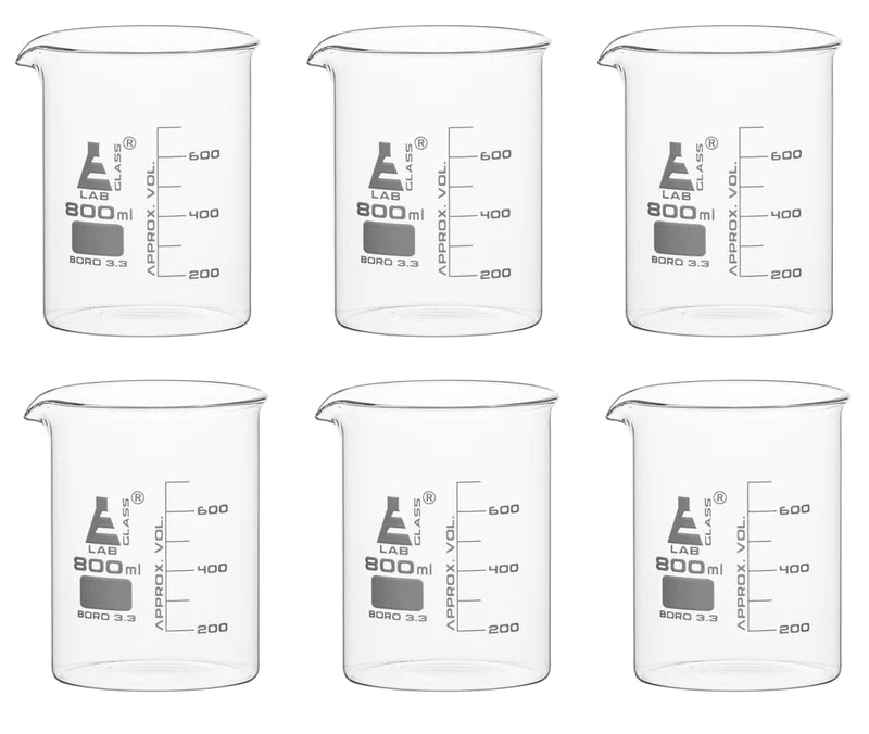 Set of six clear 800 millilitre glass beakers with  white measurement markings