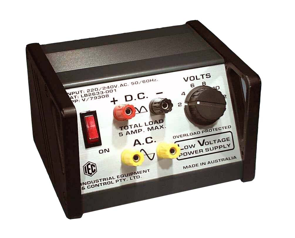 Low voltage power supply with control knobs and indicator lights on a white background